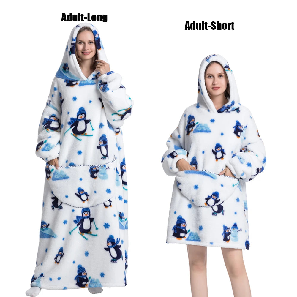 Women Plush Fleece Blanket Men Warm Thick Hoodies Adult Giant TV Blanlets with Sleeves Super Long Cold-proof Homewear Pajamas