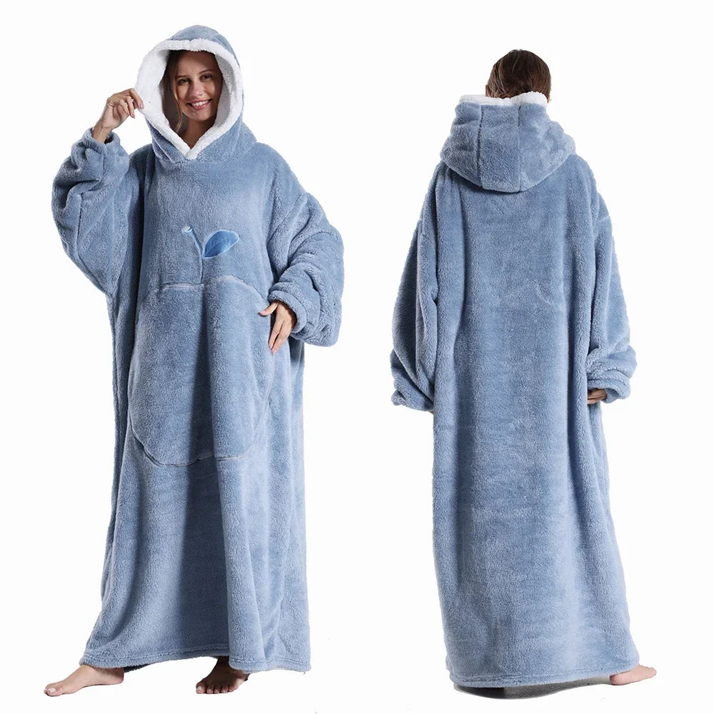 Extra Long Wearable Blankets Winter Flannel Hooded Blanket With Full Sleeves Men Women Cozy Soft Throw Adult TV Blanket