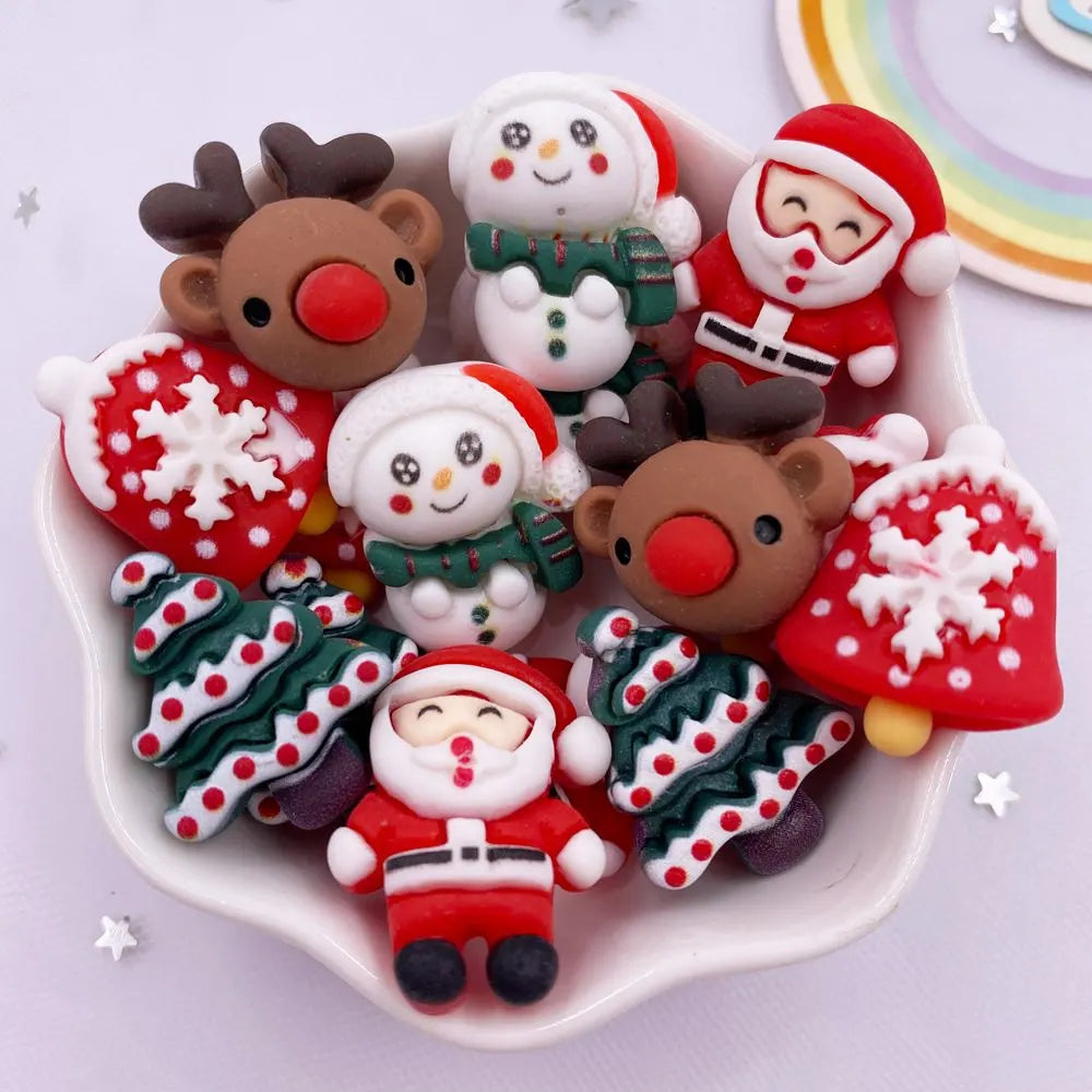 Resin Colorful Cartoon Cute Christmas Snowman Bell Deer Head Santa Claus Tree Flatback Figurine 10PCS Scrapbook DIY Decor Crafts