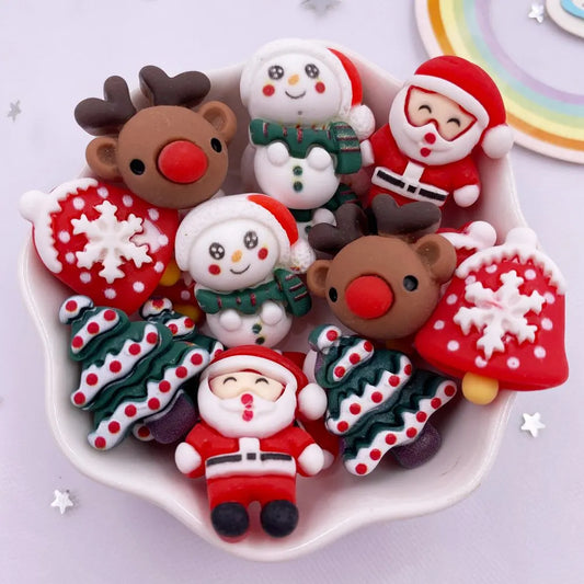 Resin Colorful Cartoon Cute Christmas Snowman Bell Deer Head Santa Claus Tree Flatback Figurine 10PCS Scrapbook DIY Decor Crafts