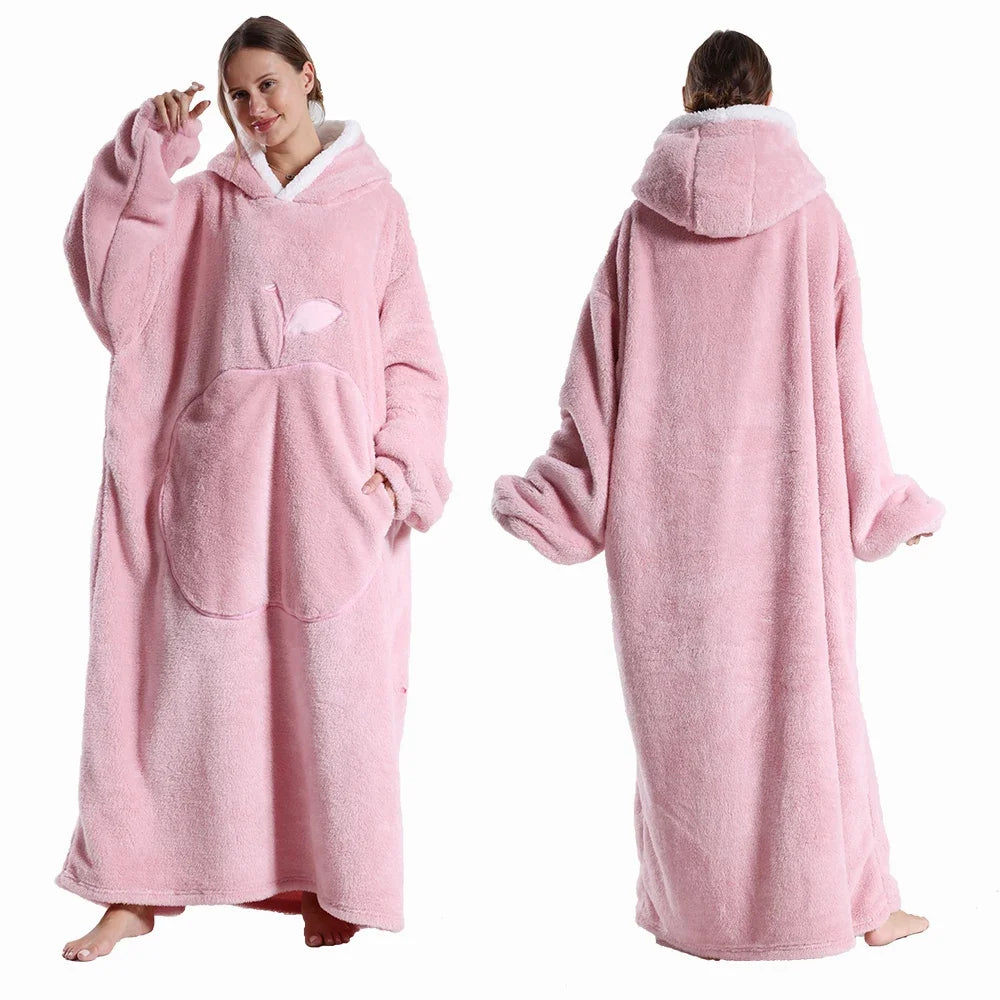 Extra Long Wearable Blankets Winter Flannel Hooded Blanket With Full Sleeves Men Women Cozy Soft Throw Adult TV Blanket