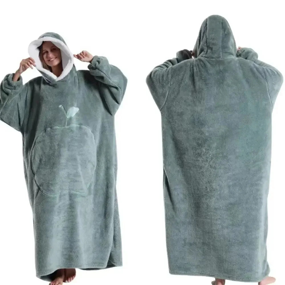 Extra Long Wearable Blankets Winter Flannel Hooded Blanket With Full Sleeves Men Women Cozy Soft Throw Adult TV Blanket