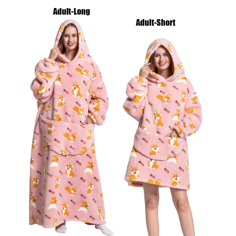 Women Plush Fleece Blanket Men Warm Thick Hoodies Adult Giant TV Blanlets with Sleeves Super Long Cold-proof Homewear Pajamas