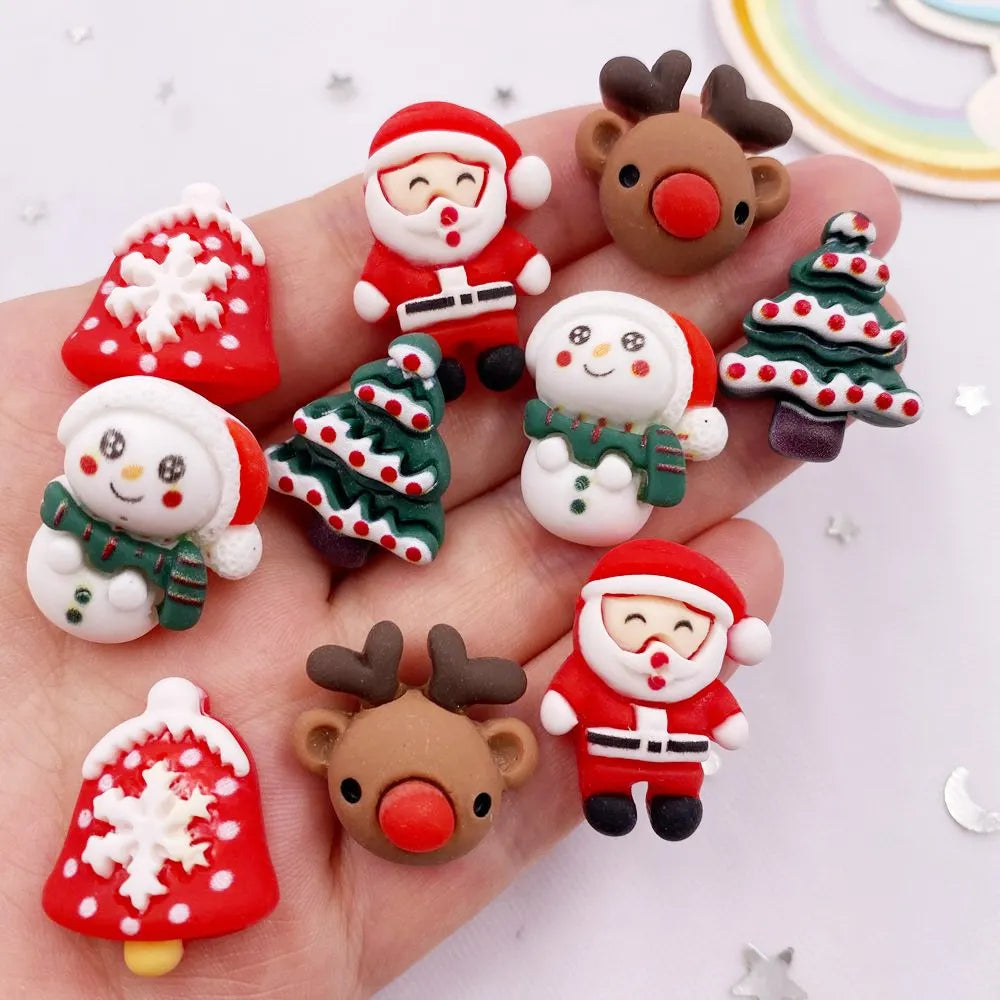 Resin Colorful Cartoon Cute Christmas Snowman Bell Deer Head Santa Claus Tree Flatback Figurine 10PCS Scrapbook DIY Decor Crafts